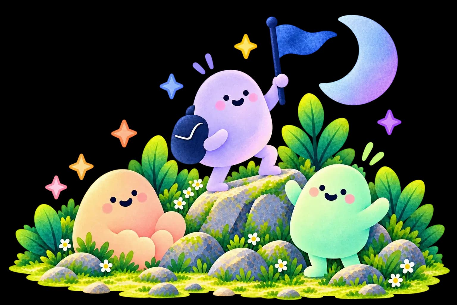 Three friendly c:me characters exploring together
